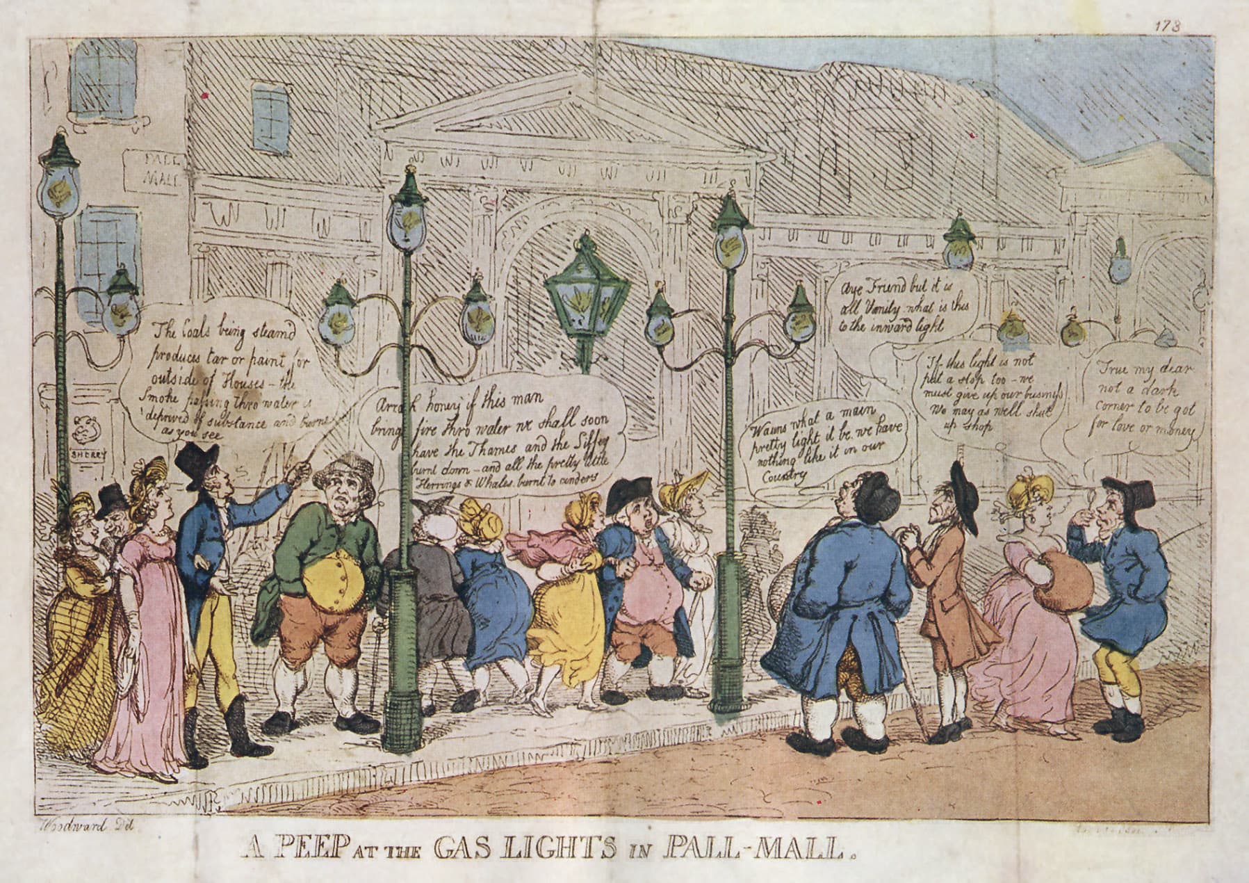 Passersby marvel at new gas lighting (London, 1809)