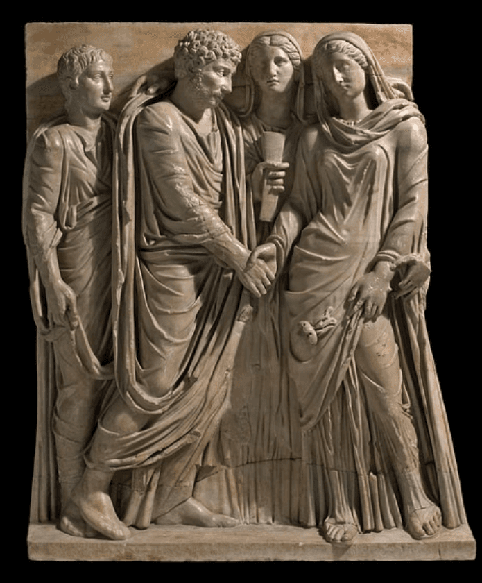 Roman marble relief of a wedding, bride and groom clasping right hands