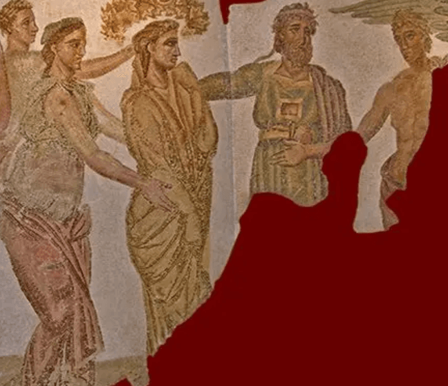 A Roman wedding mosaic with a winged Cupid near the couple