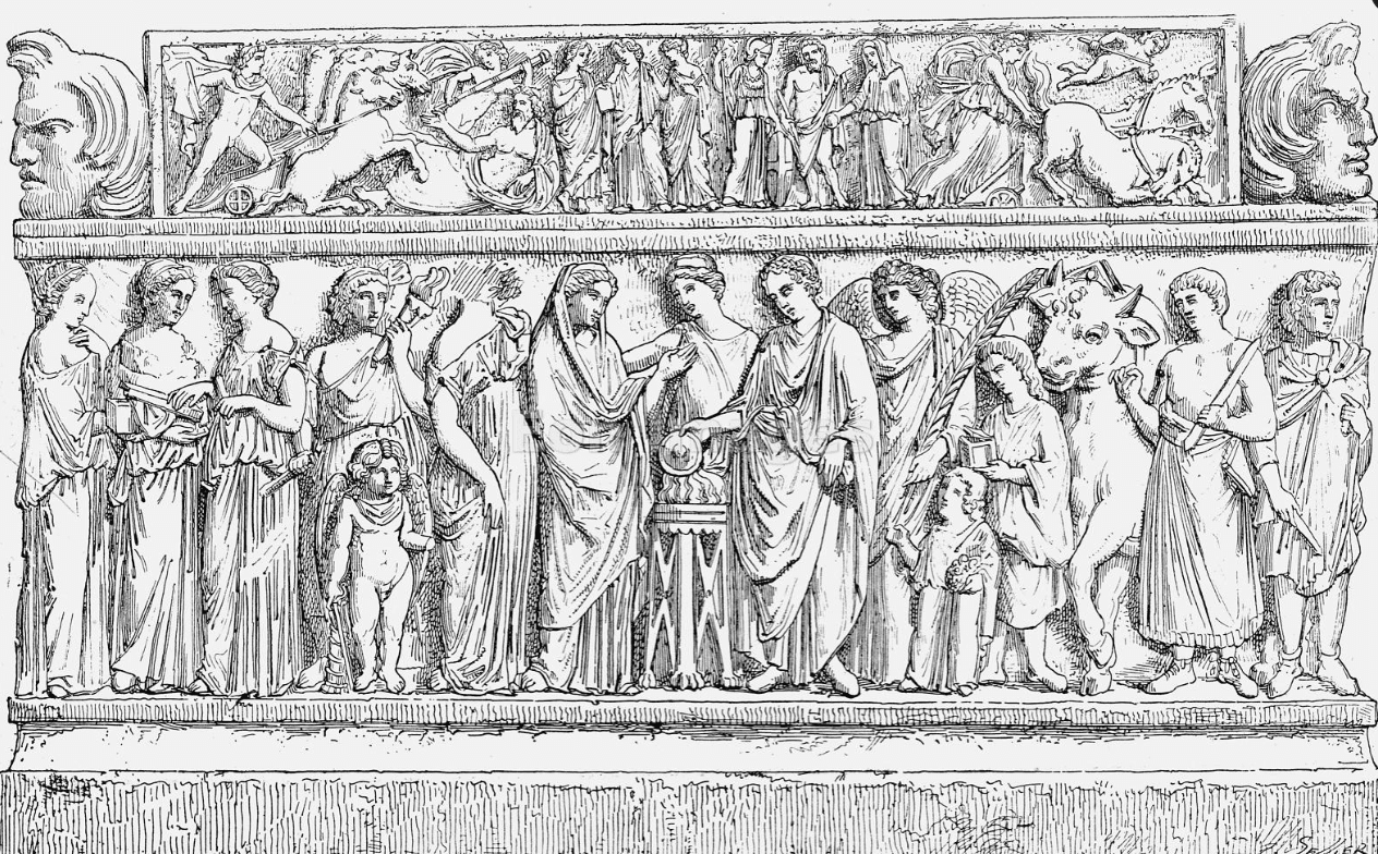 Roman sarcophagus relief showing a wedding procession with attendants