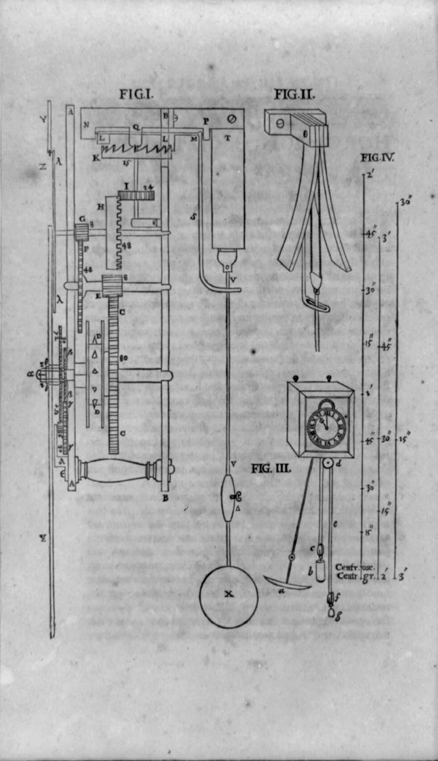 A 17th-century engraving of clock mechanisms, showing gears, a pendulum, weights and an escapement.