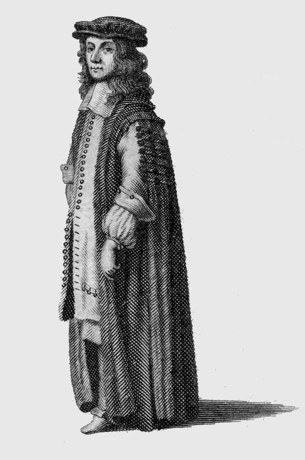 A 1675 engraving of an Oxford Commoner in an academic gown wearing a soft round cap.