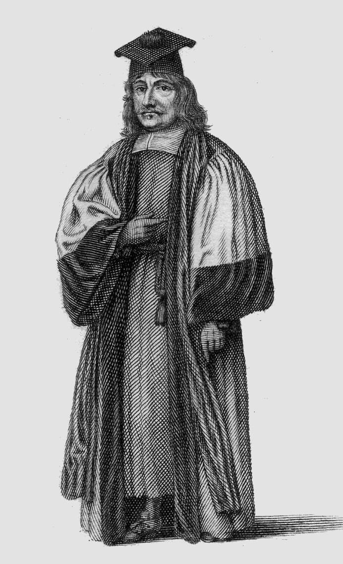 A 1675 engraving of an Oxford Doctor of Divinity in an academic gown wearing a flat square cap.