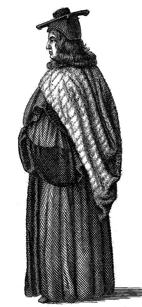 A 1675 engraving of an Oxford Proctor in profile wearing a gown and a fur-lined hood draped over the shoulders.