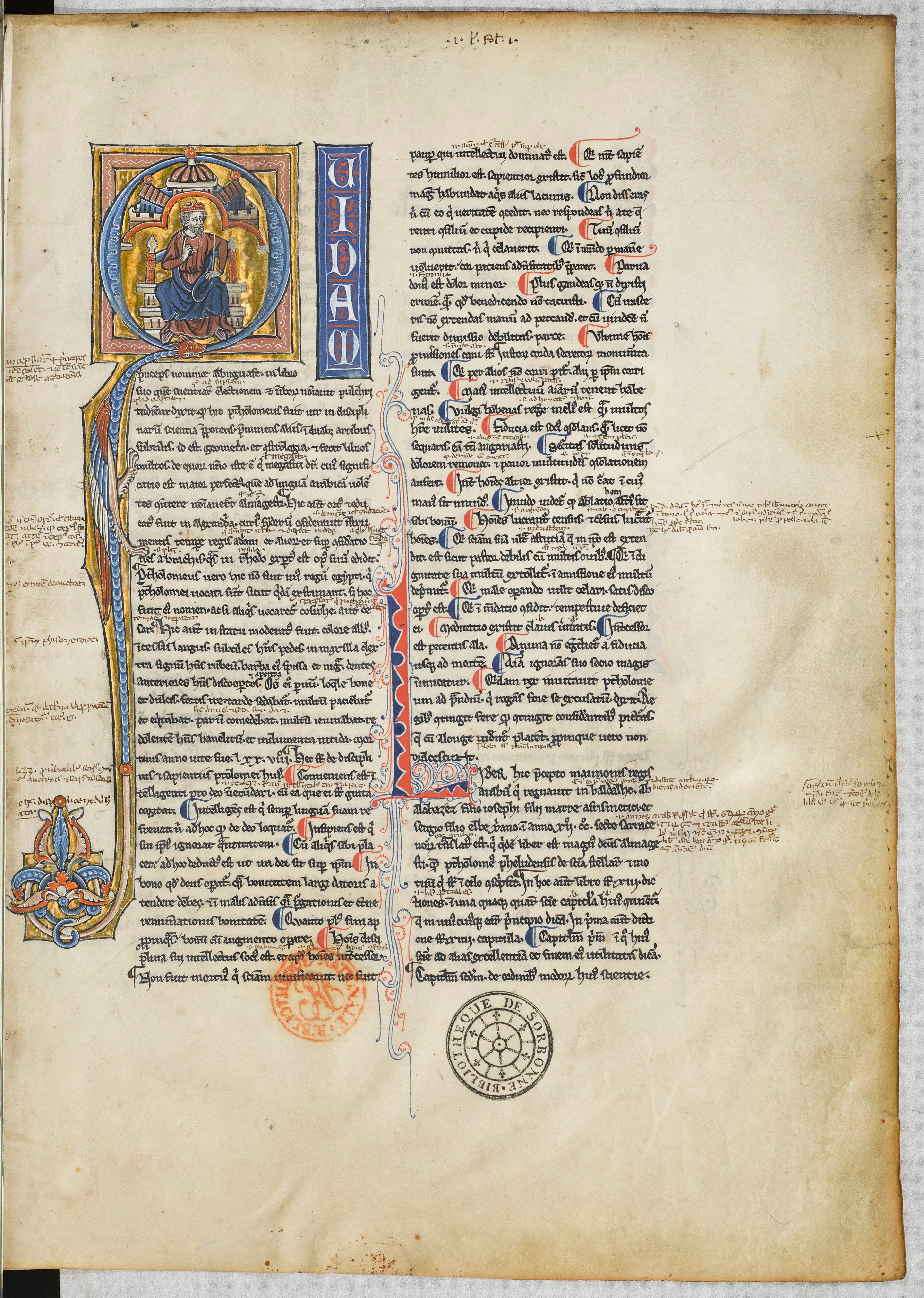 An illuminated medieval manuscript page showing a crowned figure seated on a throne, surrounded by Latin text in two columns.