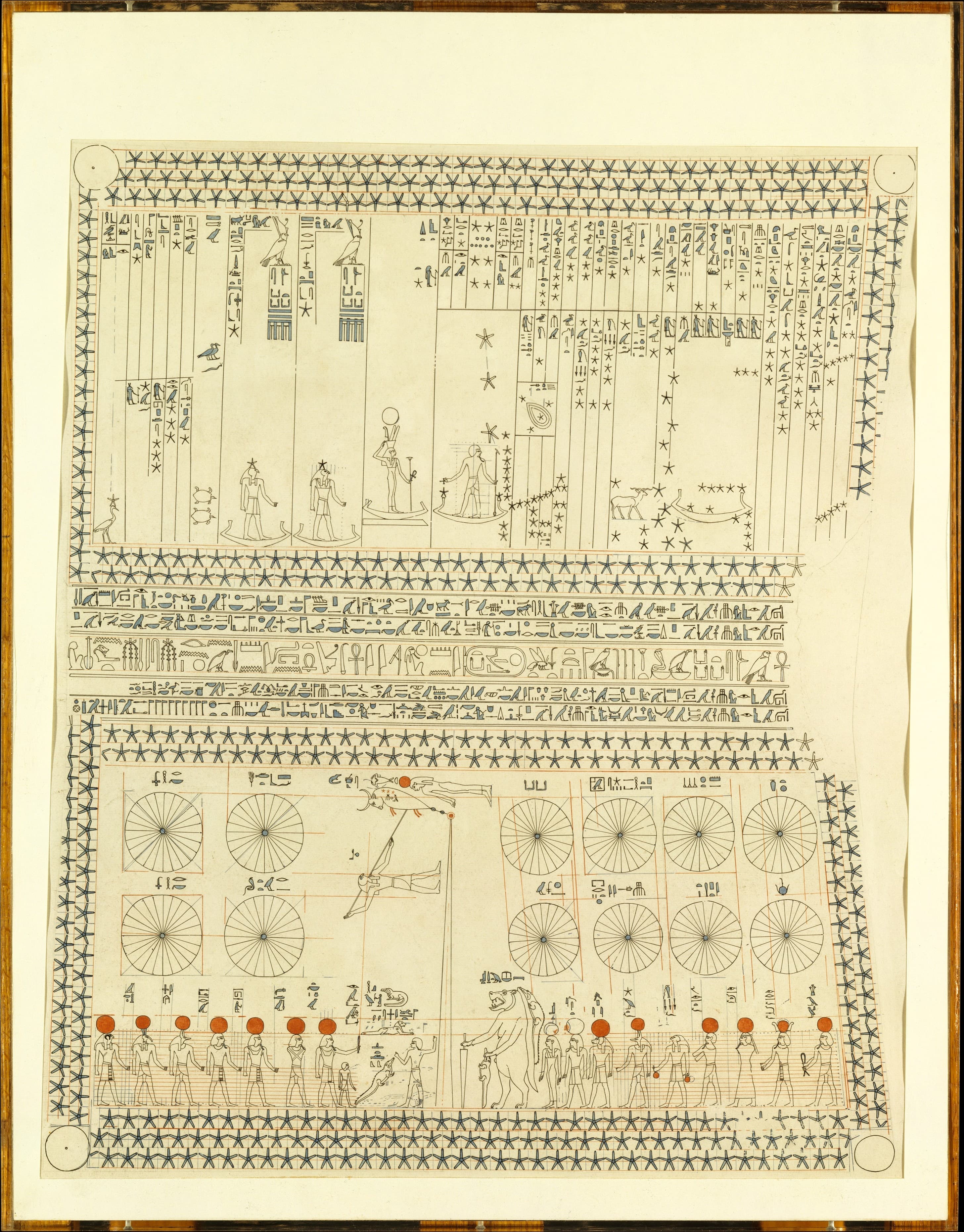 A painted Egyptian ceiling divided into registers of stars, deities and large circular diagrams.