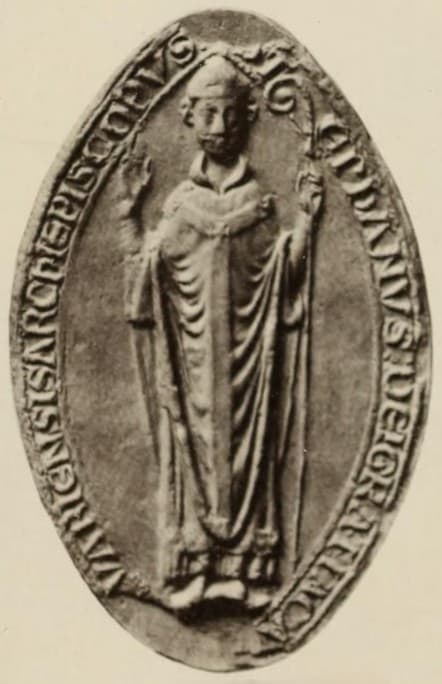 A 13th-century wax seal impression showing Archbishop Stephen Langton standing in vestments with a crozier.
