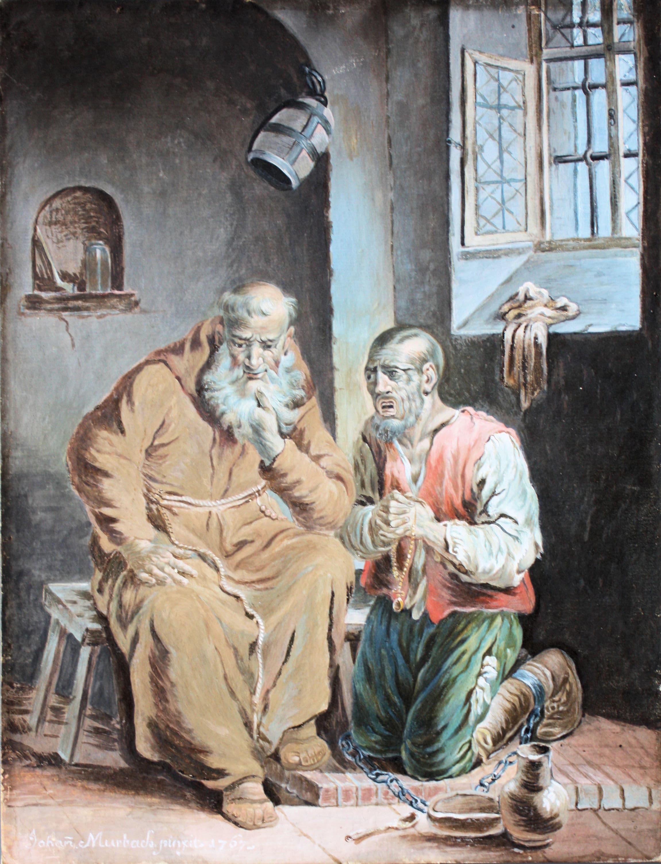 An 18th-century painting of a bearded friar in a brown habit sitting with a kneeling man.